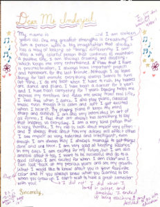  Figure 1.2 Student Sample Letter, demonstrates the creative flexibility students have within the assignment. Furthermore, the assignment demonstrates a model of “teacher personal response” to student questions.